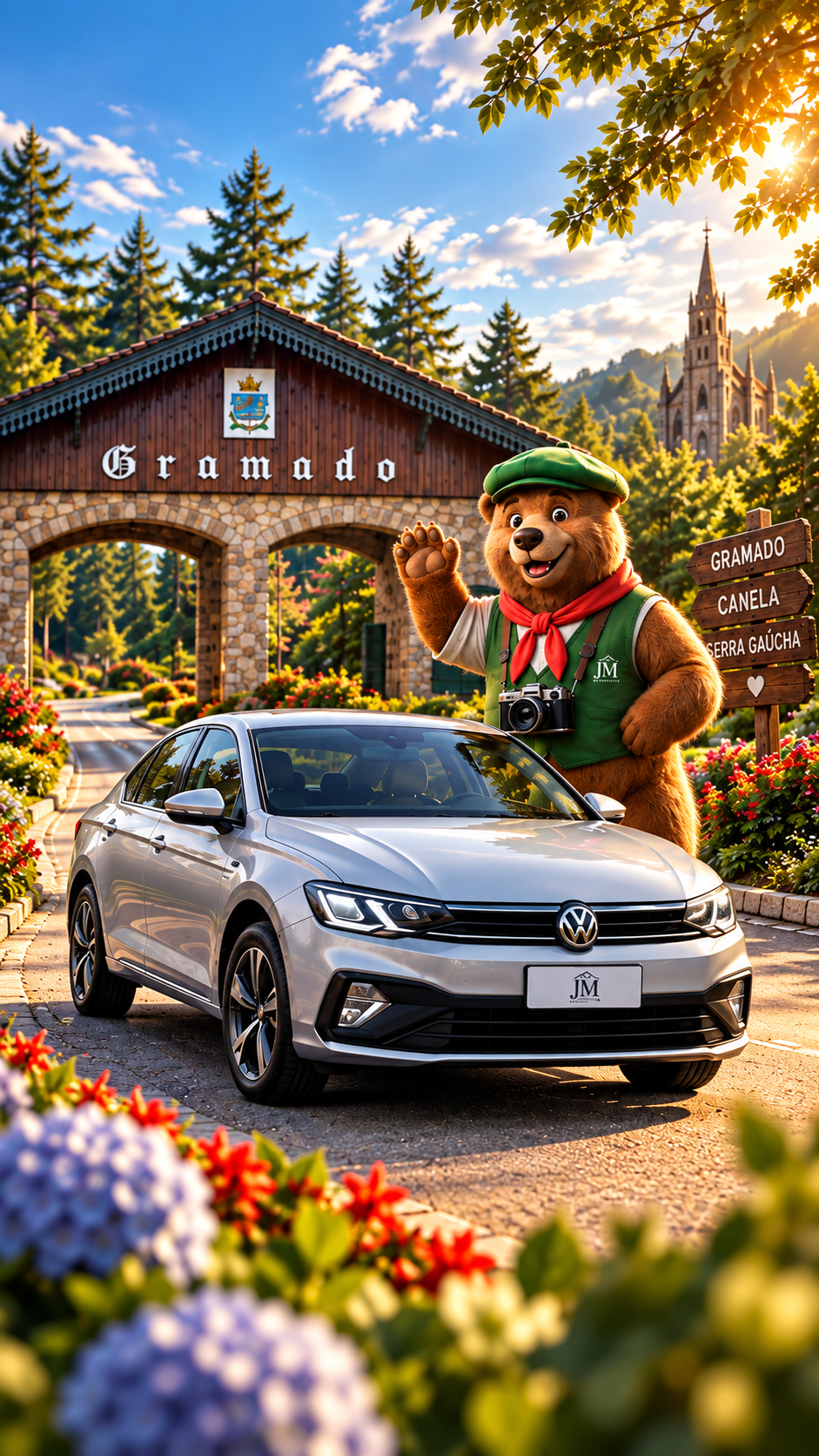 Mascote da JM Receptivo recebendo visitantes em Gramado ao lado do veículo